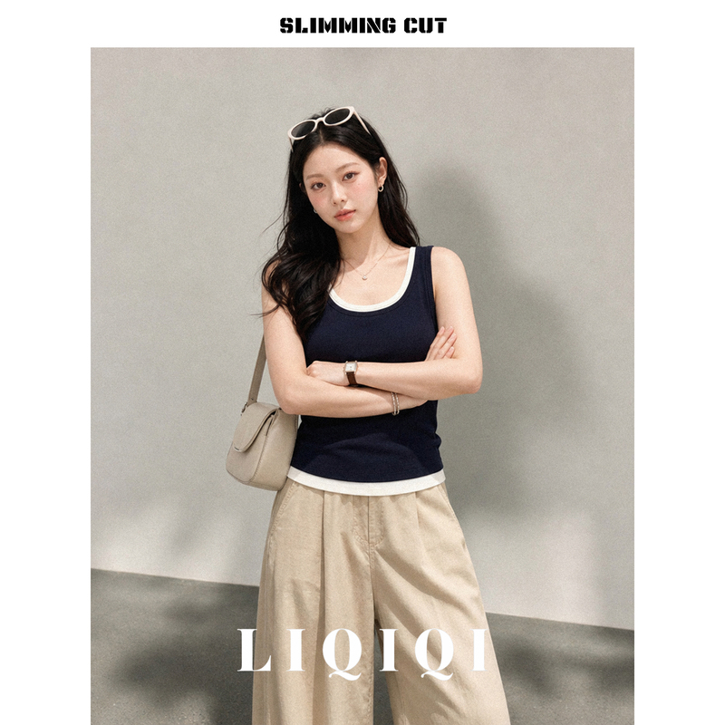 Li Qi's Seven-Size Color-Block U-Neck Faux Two-Piece Camisole 2026 Summer Design Layered Inner Top for Women