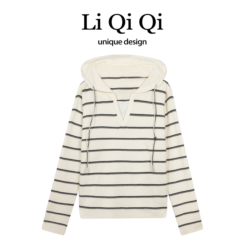 Li Qiqi Korean-Style Striped Hooded V-Neck Knit Sweater for Women, Spring Model, Plus-Size Loose Fit, Slimming Long-Sleeve Top