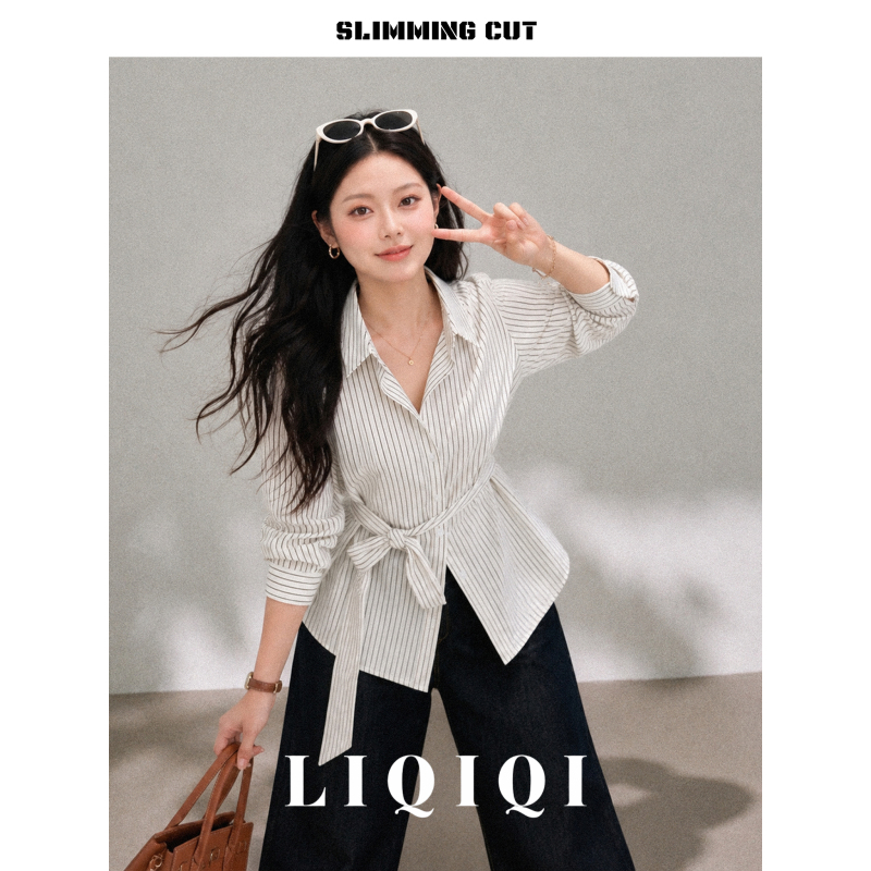 Li Qi's Seven-Size French-Style Tie-Waist Striped Long-Sleeve Shirt, 2026 Autumn Design, High-End Intellectual Blouse