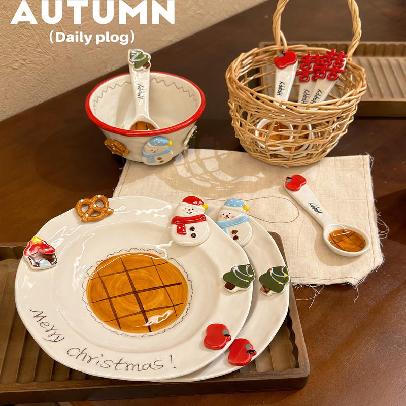 Christmas Snowman Ceramic Plate Home Tableware Set for One Person, Ceramic Light Meal Plate, Cute and High-Looking Christmas Snowman Ceramic Plate Home Tableware Set for One Person, Ceramic Light Meal Plate, Cute and High-Looking