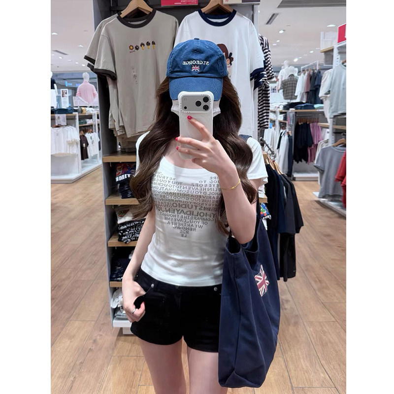 Mosesqueen Letter Heart Rhinestone Shoulder-Baring Short-Sleeve T-Shirt for Women, Stylish Slim-Fit U-Neck Top Mosesqueen Letter Heart Rhinestone Shoulder-Baring Short-Sleeve T-Shirt for Women, Stylish Slim-Fit U-Neck Top