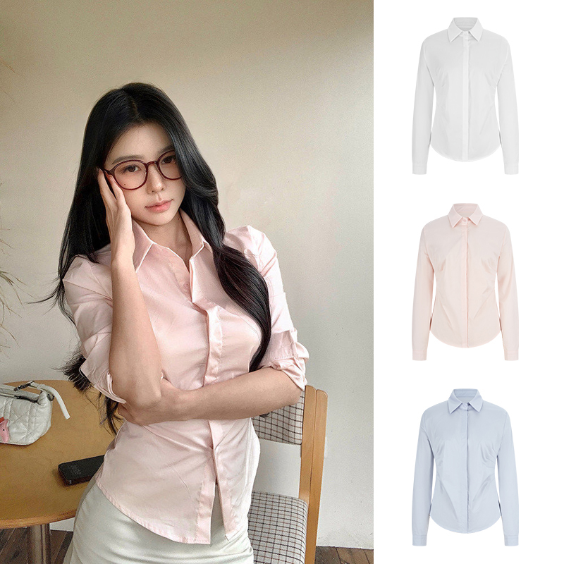 Mosesqueen Pink Long-Sleeved Shirt with a Turn-Down Collar, Waist-Cinching Shirt, Slim Fit, Slimming Polo Collar Top Mosesqueen Pink Long-Sleeved Shirt with a Turn-Down Collar, Waist-Cinching Shirt, Slim Fit, Slimming Polo Collar Top