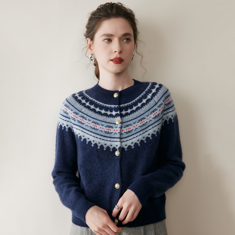 Autumn and Winter New Style Round Neck Retro Fair Isle Coat Cashmere Cardigan Women's Jacquard Loose Knitted Sweater Wool Sweater