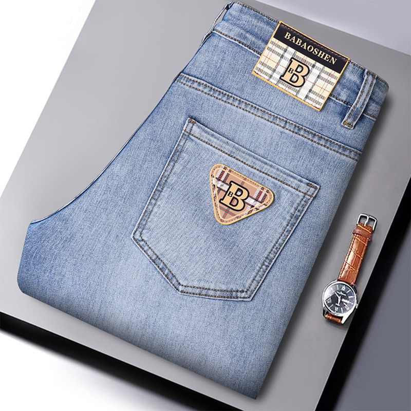 Italian High-End Trendy Brand Light Blue Jeans for Men, 2026 Summer Thin Straight Slim-Fit Tapered Casual Pants