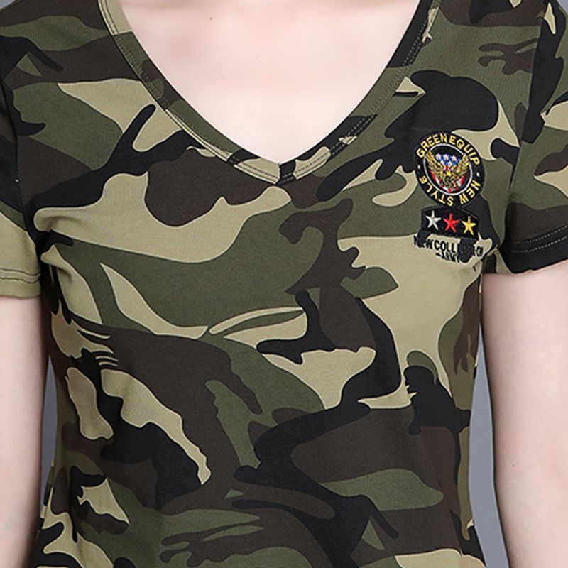 Turmi Summer Camouflage Short-Sleeved T-Shirt for Women, Military Style Camouflage Clothing, V-Neck Short-Sleeved Training Turmi Summer Camouflage Short-Sleeved T-Shirt for Women, Military Style Camouflage Clothing, V-Neck Short-Sleeved Training