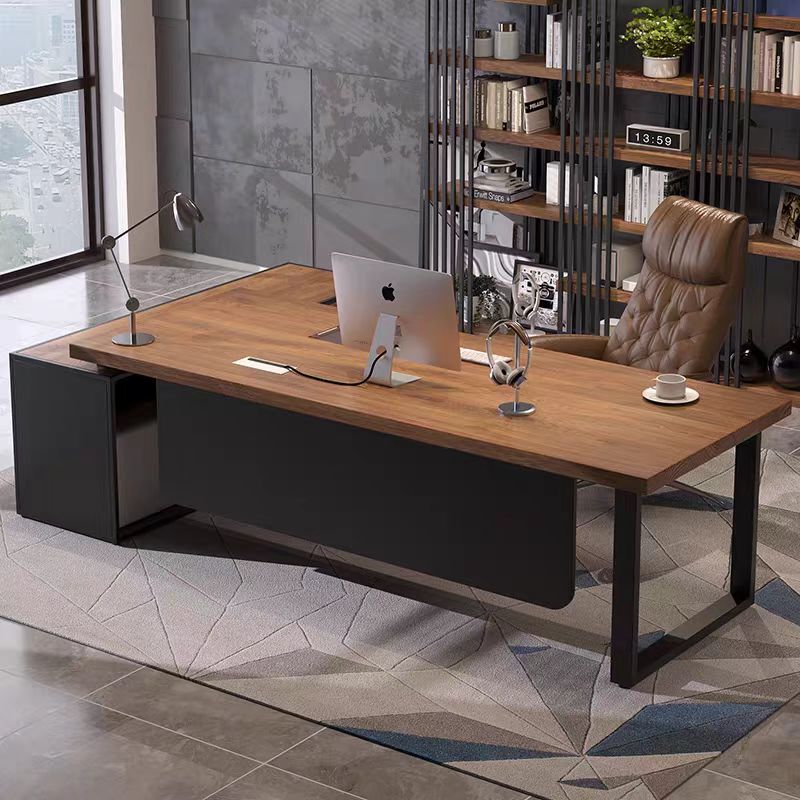 Industrial Style Solid Wood Desk, Simple and Modern Executive Desk, Large Desk with Side Cabinet, General Manager Desk, Computer Desk