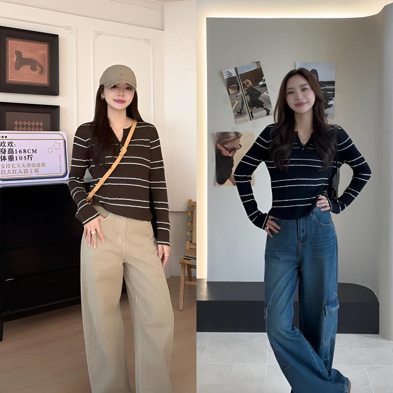 【Yu Huanhuan】Autumn Casual Versatile Single-Button Small V-Neck Striped Long-Sleeve Knit Sweater-Yhw60498