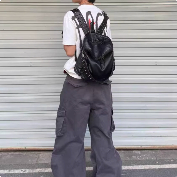 New Style Backpack with Subculture Rivets, Washed Leather Backpack, Large Capacity, Multi-Pocket Soft Bag, Trendy Travel Backpack