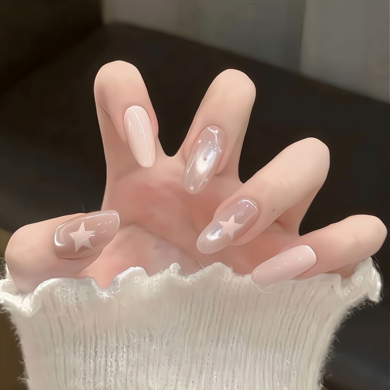 Wearable Nail Gentle Skin Pink Star New Style Girly Cat Eye Advanced Whitening Polka Dot Short Oval Nail Stickers New Style Wearable Nail Gentle Skin Pink Star New Style Girly Cat Eye Advanced Whitening Polka Dot Short Oval Nail Stickers New Style