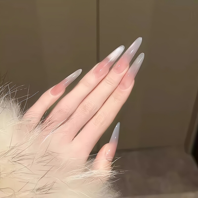 Extra-Long Thin Dog-Shaped Summer Ice-Transparent Glass Beads Luxurious White-Enhancing Cat-Eye Gradient Fake Nails Nude Blush Manicure