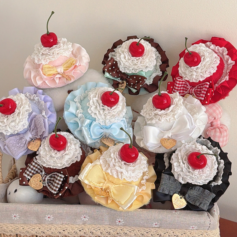 Lolita Handmade Cherry Cupcake Hat, Mint Dark Chocolate, Lace Bow Hairpin Hat