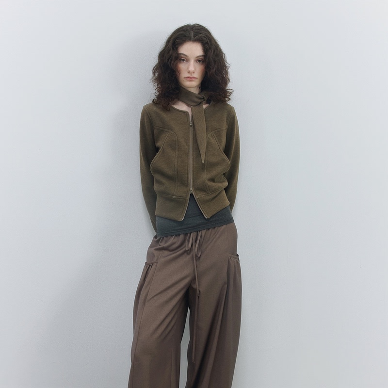 Mottoless Sage Brown Short Knit Jacket Round Neck Ribbon Coat
