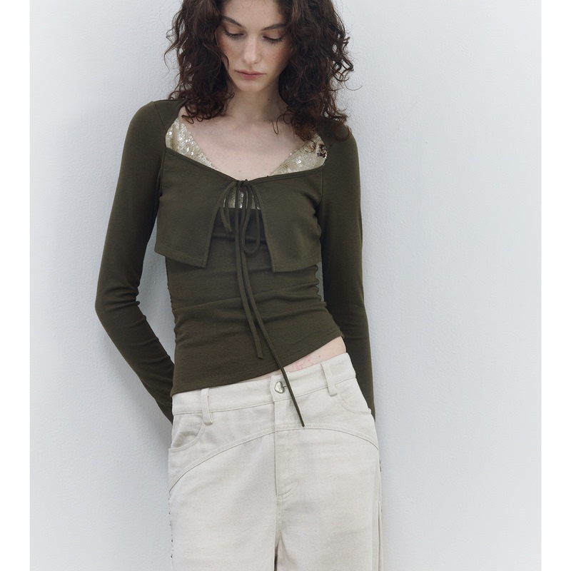 Mottoless Original Design Sequin Patchwork Knitted Tie-Waist Faux Two-Piece Top Mottoless Original Design Sequin Patchwork Knitted Tie-Waist Faux Two-Piece Top