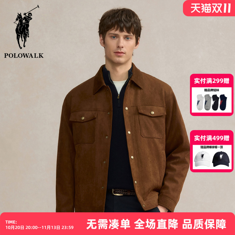 Polowalk Retro Faux Suede Lapel Work Jacket for Men 2025 New Loose Casual Solid Color Jacket Trendy