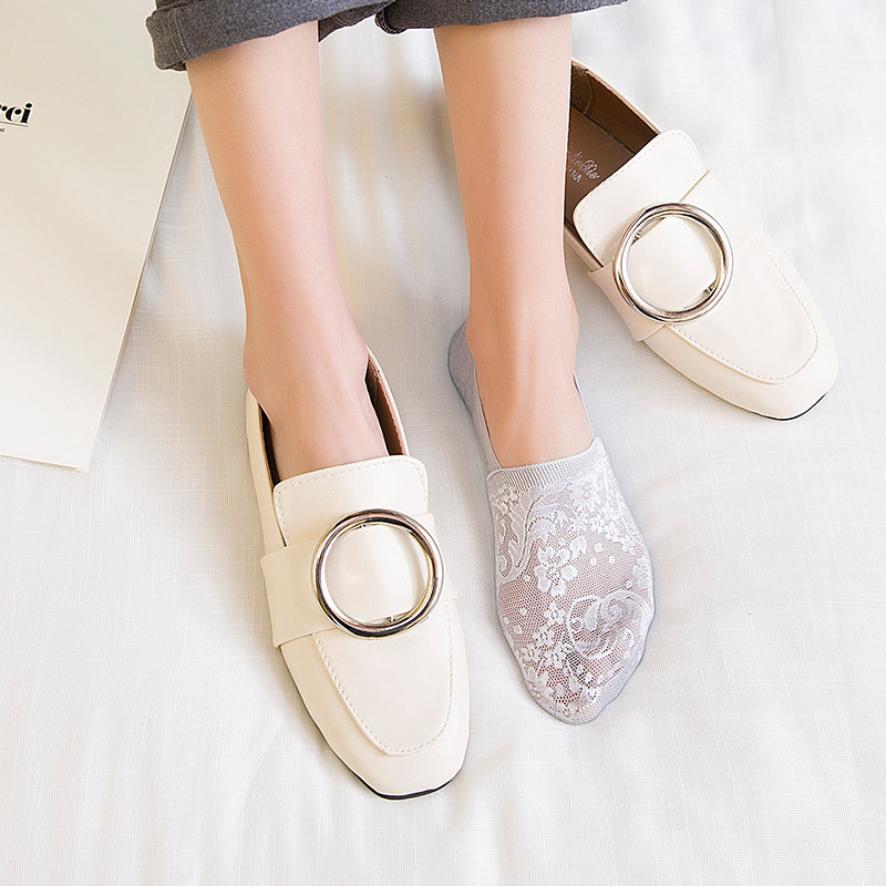 5 Double - fitted lace boat socks female spring and summer short stockings shallow short - hand short socks invisible silicone anti - slip socks