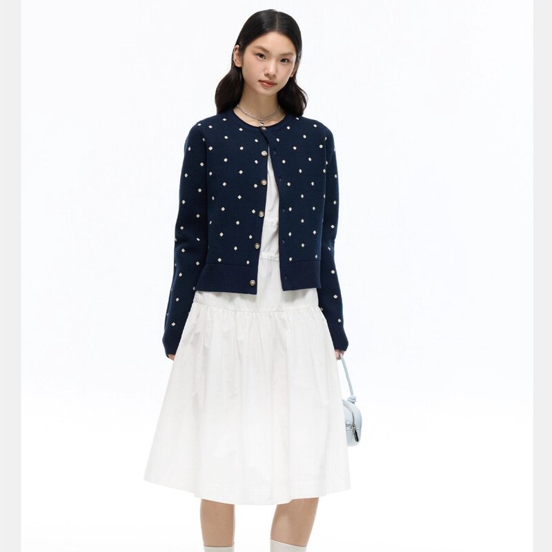Hisameold Navy Blue Same Old Retro Polka Dot Sweater Knitted Cardigan Women's Jacket Versatile Top