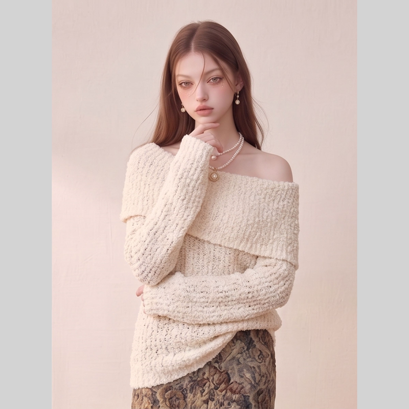 Gentle and Lazy Style One-Shoulder Knit Sweater for Women, 2026 Autumn and Winter New Loose Design Sweater, White Top Gentle and Lazy Style One-Shoulder Knit Sweater for Women, 2026 Autumn and Winter New Loose Design Sweater, White Top