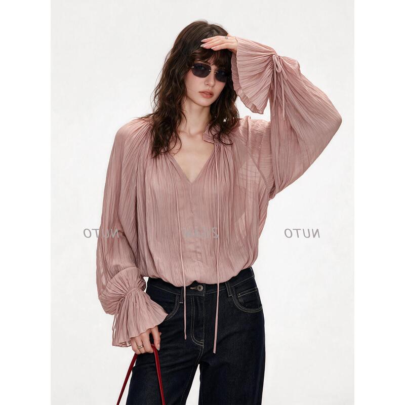 2026 Dry Rose Pink Pleated Flared Sleeve Chiffon Blouse Women's Autumn Sun Protection French Flared Sleeve Top