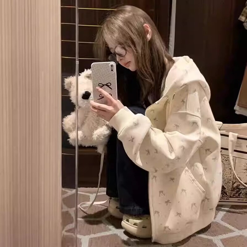 Korean Kisyh【Original】Sweet Floral Hooded Cardigan Sweatshirt for Women, Spring and Autumn Oversized Loose Jacket