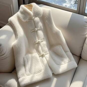 National Style Vest for Petite Women, New Chinese-Style Faux Mink Fur Coat, Women's 2025 Winter New Thickened Vest with Traditional Chinese Buttons