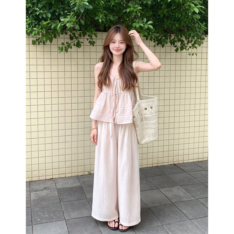 Petite Slimming Sleeveless Camisole Top + High-Waisted Wide-Leg Pants Set for Women, 2026 Summer Gentle Style Two-Piece Set