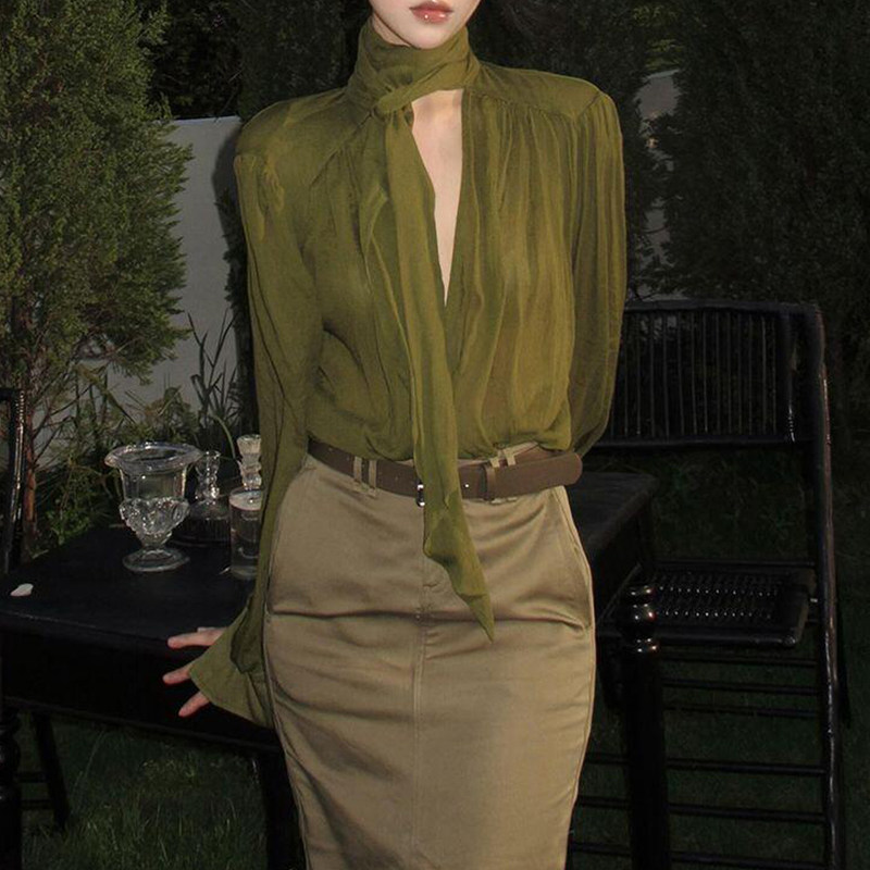 New Olive Green V Neck Ribbon Long-Sleeved Shirt for Women, Khaki Green Skirt, Elegant and Slimming Design Suit New Olive Green V Neck Ribbon Long-Sleeved Shirt for Women, Khaki Green Skirt, Elegant and Slimming Design Suit
