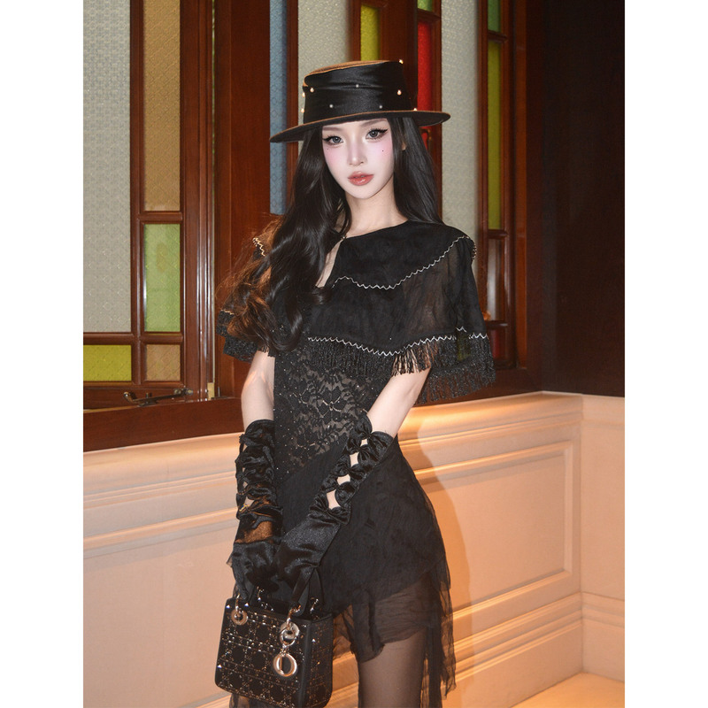 Tingmoon's First Collection, French-Style Tassel Cape Shawl, Irregular Lace Waist-Cinching Suspender Dress