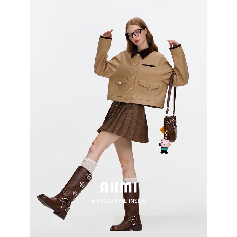 Ahmi Zhao Lusi Celebrity Style Color-Blocked Lapel Barn Style Khaki Short Workwear Jacket for Women Autumn and Winter Ahmi Zhao Lusi Celebrity Style Color-Blocked Lapel Barn Style Khaki Short Workwear Jacket for Women Autumn and Winter