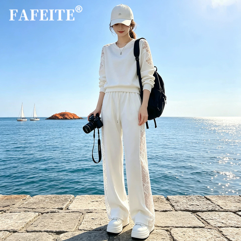 Official official store New Style Casual White Suit for Women, High-End Wide-Leg Pants, Sporty Old Money Style Two-Piece Set