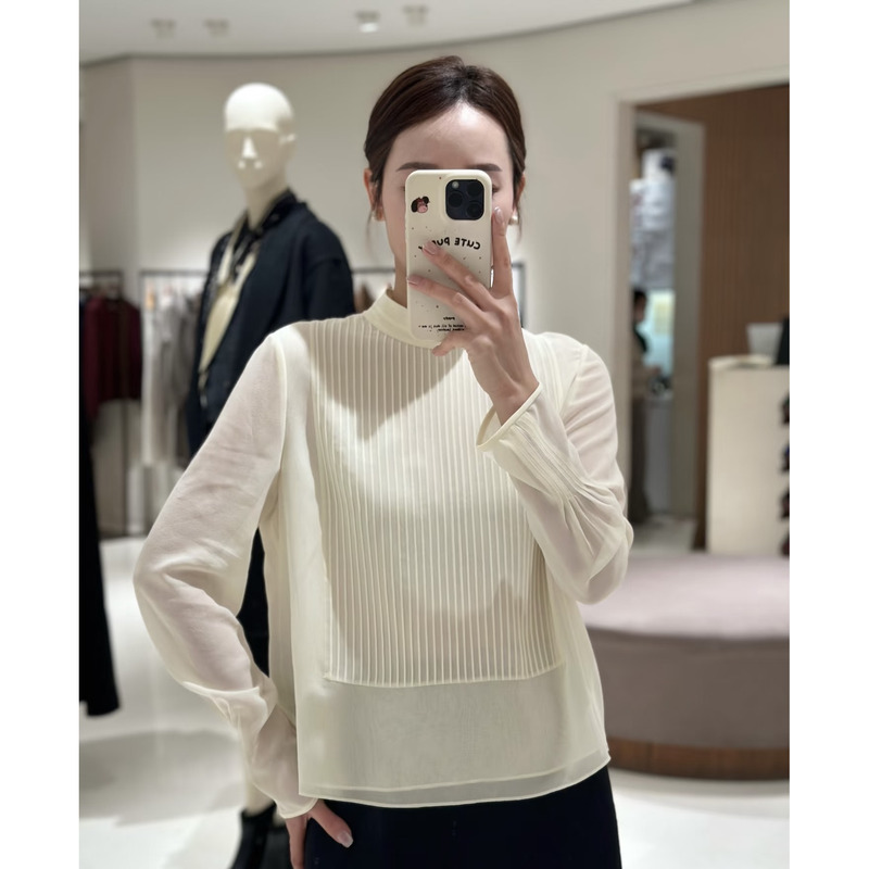 Double-Layered Georgette Mulberry Silk Pleated Stand-Up Collar Silk Shirt Double-Layered Georgette Mulberry Silk Pleated Stand-Up Collar Silk Shirt