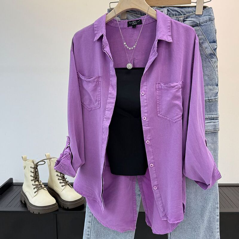 100 Lyocell! Lavender Purple Loose Versatile Long-Sleeved Simple Shirt for Women 24756