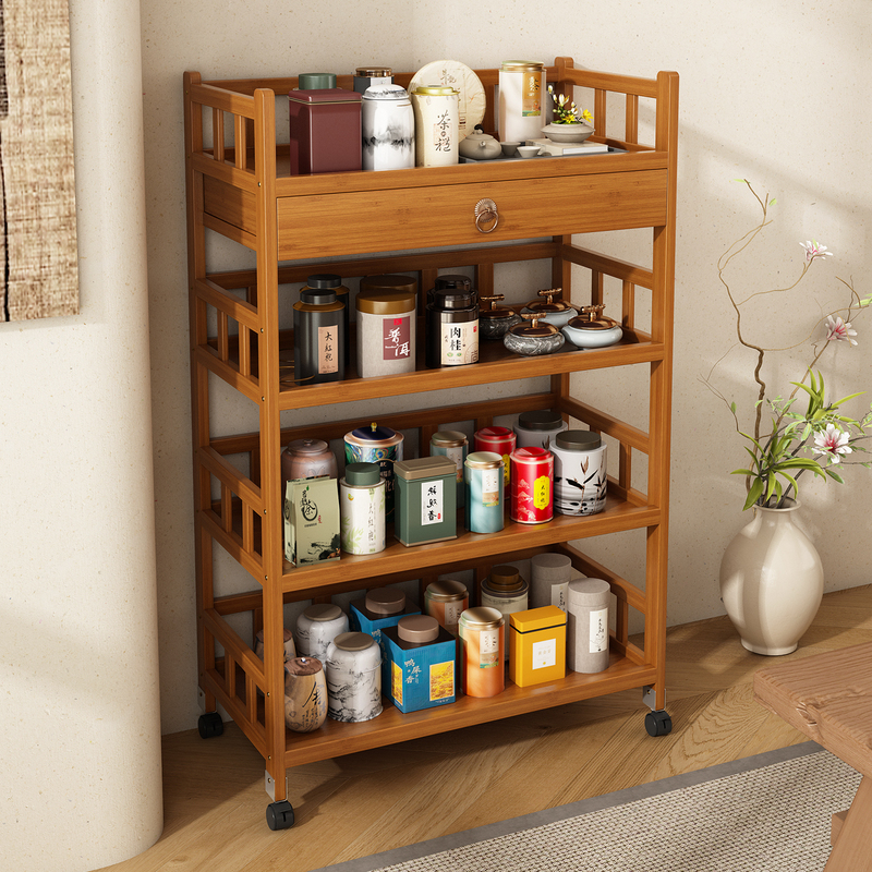 All-Solid Bamboo Mobile Side Table Cart, Movable Multi-Layer Storage Rack with Wheels, Household Storage Shelf