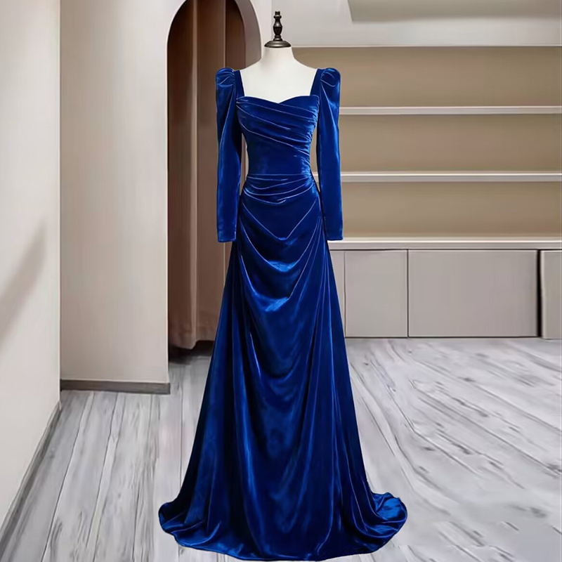 Blue Velvet Long-Sleeved Evening Dress, High-End, Light Luxury, Niche, Annual Meeting Host, Waist-Cinching, Slimming Long Dress