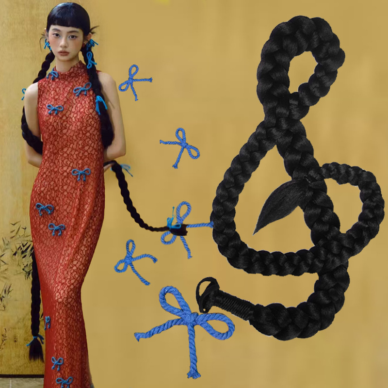 New Chinese-Style Hair Accessories, Fake Braids, Ponytail, Women's National Style Long Twist Braids, Realistic Side Twist Braids, Extra-Long Braids