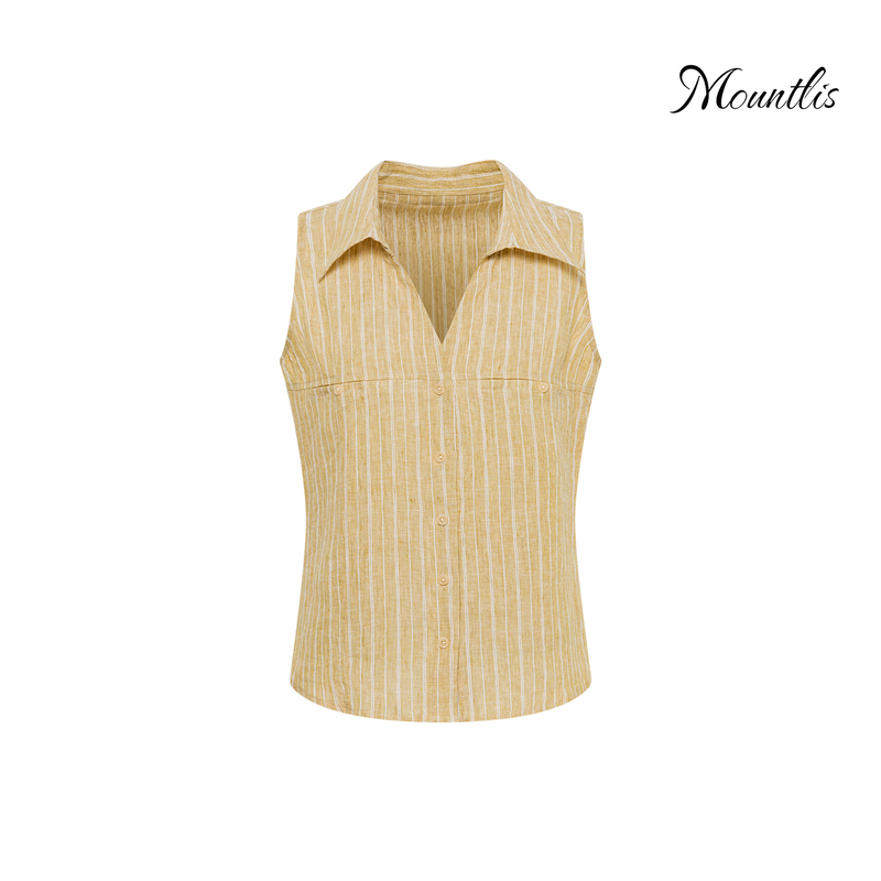 Mountlis 100% Linen Shirt V-Neck Placket Vertical Stripes Summer Sleeveless Design Vest Top for Women