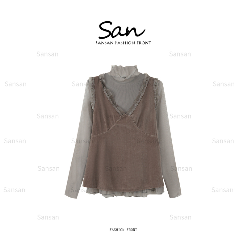 【Sansan】High-Neck Elegant Lace Versatile Pullover Vest Long-Sleeve Early Spring Two-Piece Set Dy-80464
