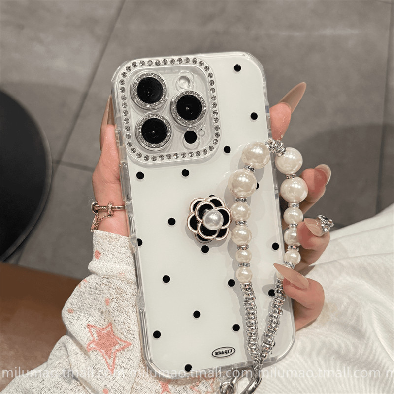 ins Gentle Wave Pattern Camellia with Hanging Chain Suitable for iPhone 15 Pro Apple 16 Phone Case 17Promax New Model 11 Internet Celebrity 12 Popular Model 13 Women's Model 14Plus Soft Promax Shockproof