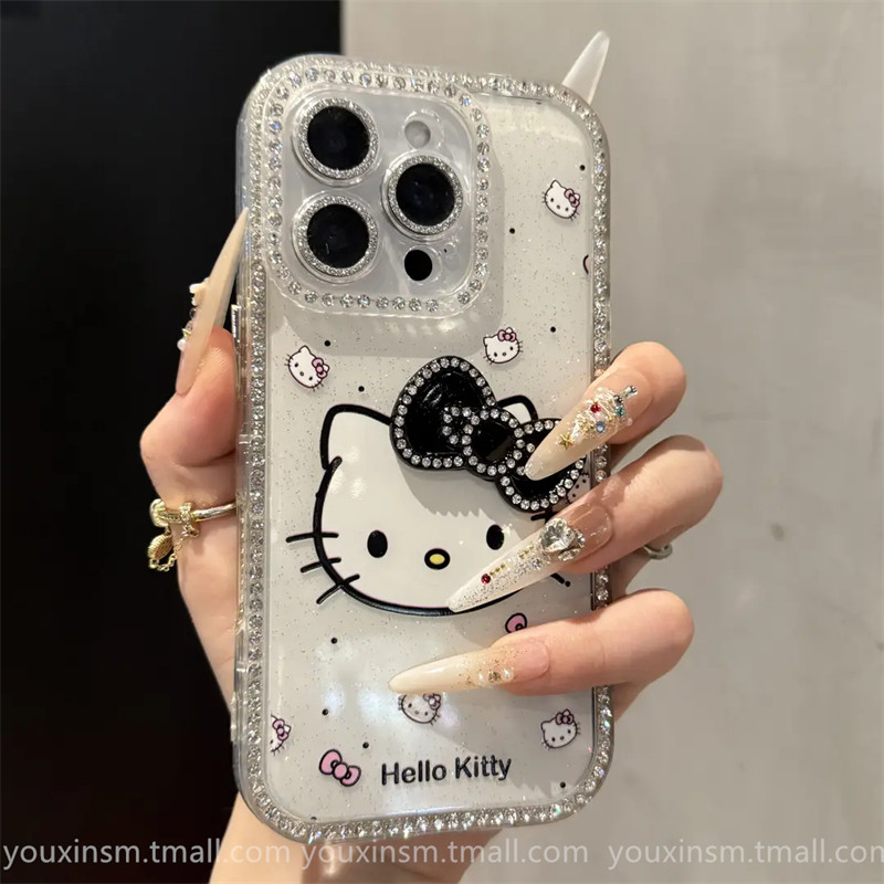 ins High-Looking Gradient Kt Cat Diamond-Encrusted Suitable for iPhone 16 Promax Apple 15 Mobile Phone Case 14 New Style 16 Super Good-Looking 12 Classy 13 Female 2025 Internet Celebrity Hot Model Pro Anti-Fall Promax
