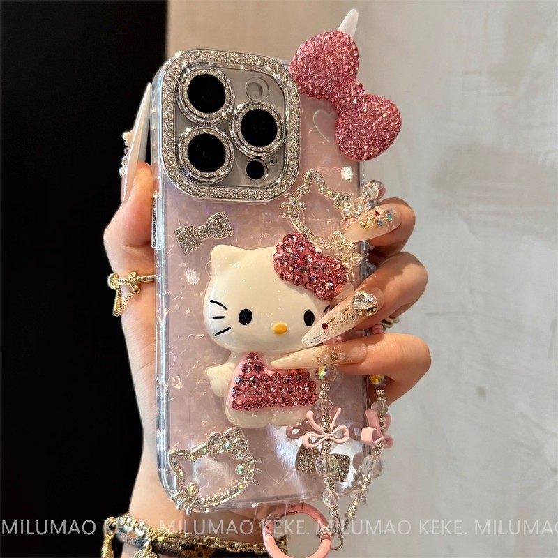 ins Super Stylish Diamond-Encrusted Kt Cat Phone Case for Apple 17/16 Pro Max, iPhone 15 Pro New Model, 14 Internet Celebrity, 2025 Hot Item, 13 Women's Model, 12 for Girlfriends, 11 Full Coverage Pro Max Anti-Drop