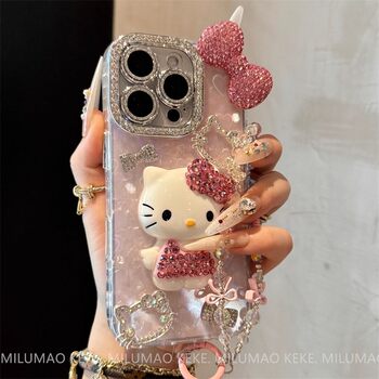 ins Super Stylish Diamond-Encrusted Kt Cat Phone Case for Apple 17/16 Pro Max, iPhone 15 Pro New Model, 14 Internet Celebrity, 2025 Hot Item, 13 Women's Model, 12 for Girlfriends, 11 Full Coverage Pro Max Anti-Drop