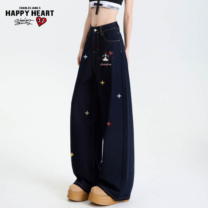 Charles Heart Denim Blue Straight-Leg Jeans for Women, Autumn and Winter, Fleece-Lined, Thick, Vintage, Wide-Leg, Loose, Casual Long Pants Charles Heart Denim Blue Straight-Leg Jeans for Women, Autumn and Winter, Fleece-Lined, Thick, Vintage, Wide-Leg, Loose, Casual Long Pants