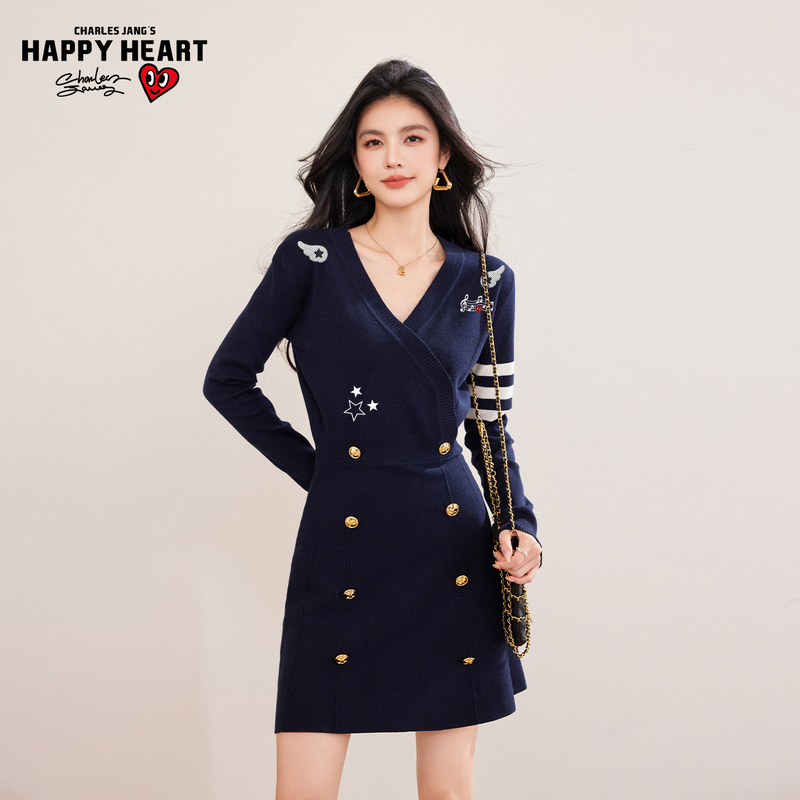 Charles Peach Heart Navy Blue V-Neck Knitted Dress Women's Star Print Slim Fit Long Sleeve Short Dress