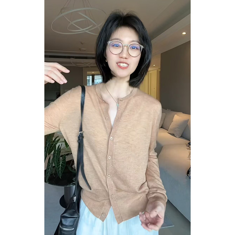 Su Zi Light Luxury Ultra-Fine Water-Soluble Wool Knitted Cardigan Women's Round Neck Long Sleeve Top Thin Jacket-Sws8448