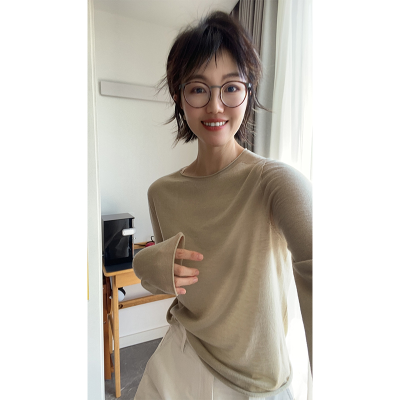 Su Zi Light Luxury Ultra-Fine Water-Soluble Wool Knit Sweater for Women, Thin Round Neck Pullover Long Sleeve Base Shirt Lws8066