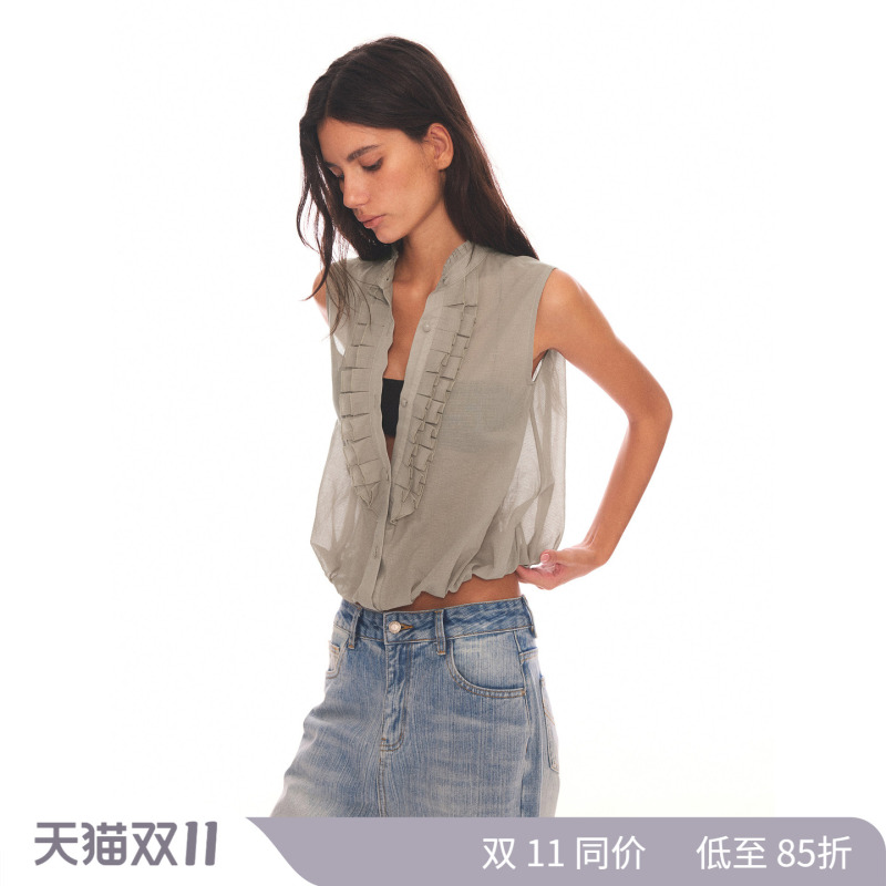 1c00m4 Sleeveless Shirt with a Ruffled Hem, French-Style Relaxed Fit, Three-Dimensional Layered Ruffles, Waist-Cinching Top 1c00m4 Sleeveless Shirt with a Ruffled Hem, French-Style Relaxed Fit, Three-Dimensional Layered Ruffles, Waist-Cinching Top