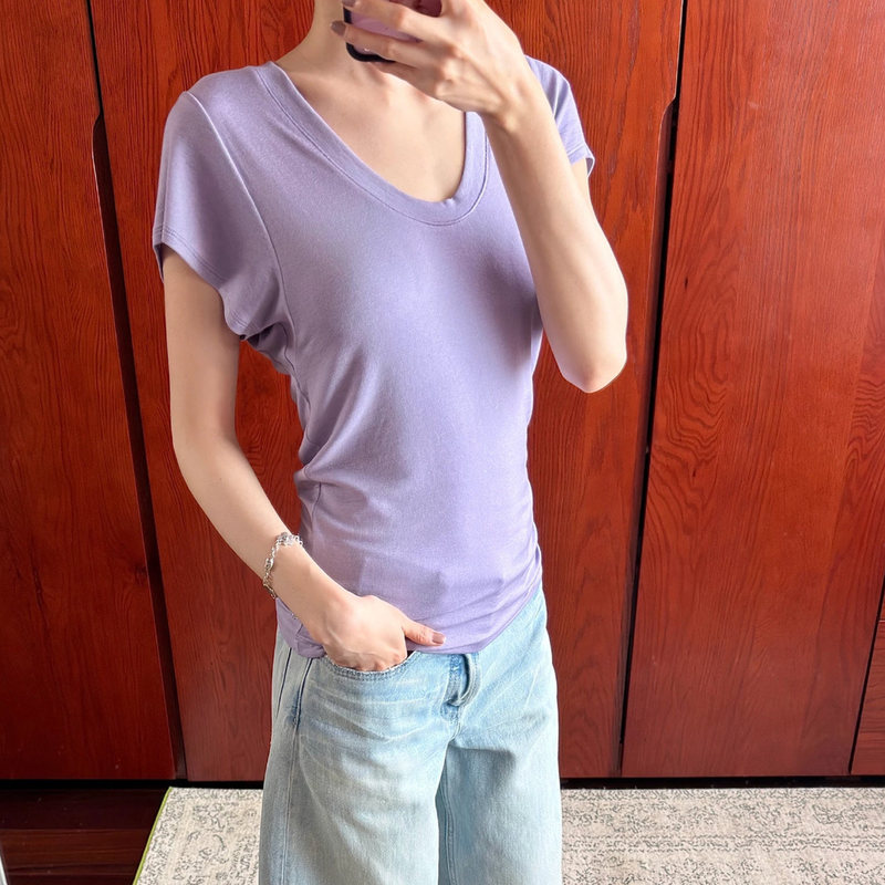 2026 Early Autumn Korean Style Basic Multi-Color Large U-Neck Loose Ruffle Sleeve Layered Short-Sleeve T-Shirt Top for Women