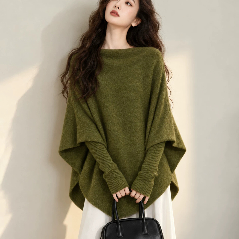 Green Batwing Sleeve Cape-Style Long-Sleeve Knit Sweater for Women, Autumn 2026 New Style, Irregular, Unique, Super Pretty Sweater