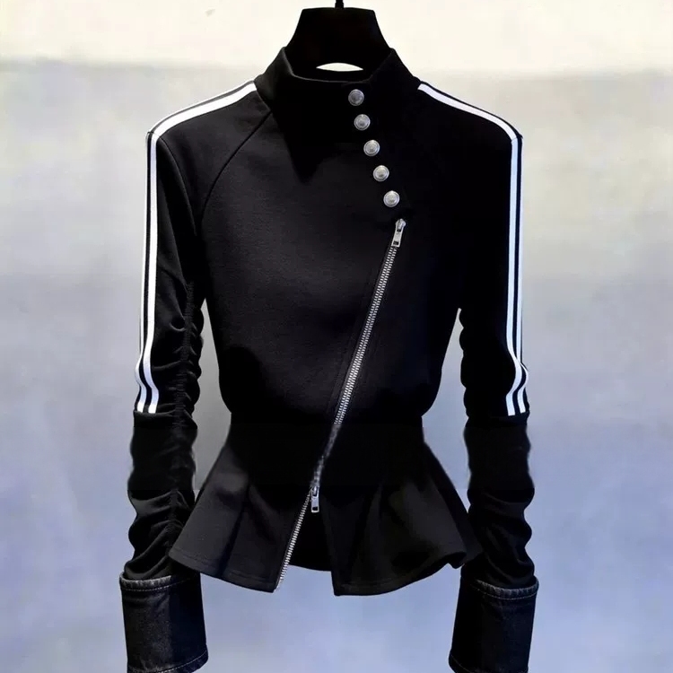 High-End Socialite Style Black Top, Fashionable Long Sleeves, Unique Slimming Zipper Design, 2026 Autumn Women's Clothing