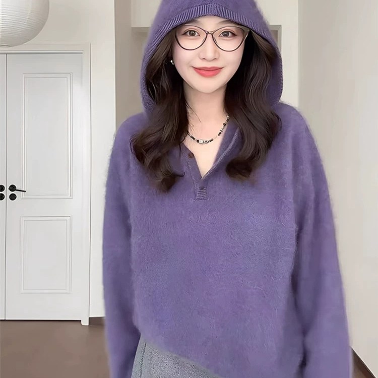 Casual Purple Hooded Knit Sweater for Women, New Autumn and Winter Design, Soft and Cozy Sweater, Inner Layer Hoodie Top