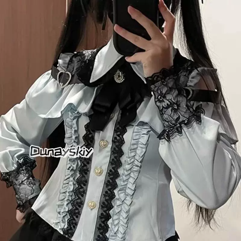 Блузка (Jirai kei) XL лолита каваи, рюши, длинные рукава с бантами и декором-стрепами